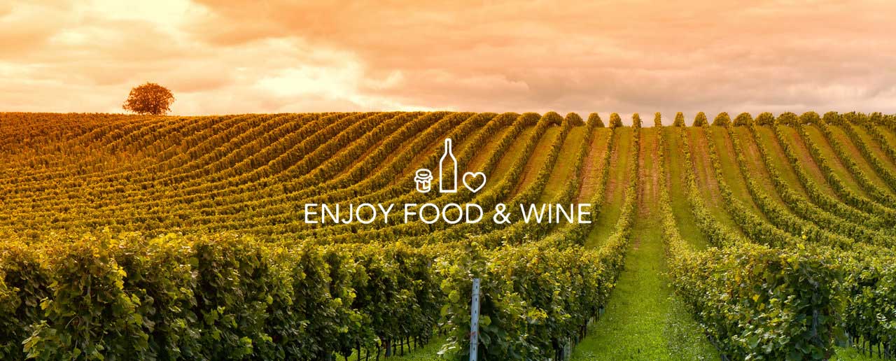 Foto con logo Enjoy Food & wine magazine con campo di vigne al tramonto in sfondo.