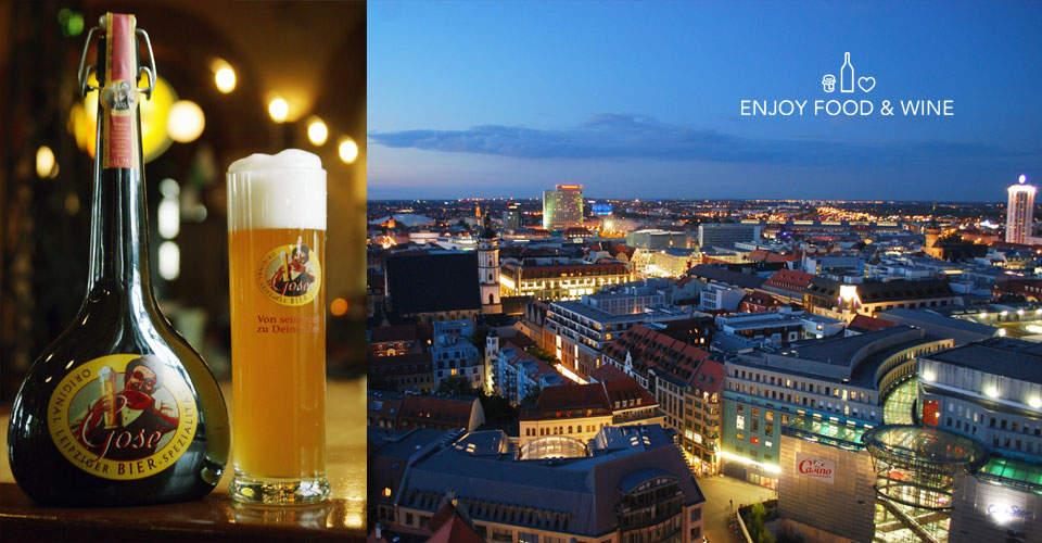Bottiglia e Boccale di birra Gose con veduta aerea di Lipsia -EFW